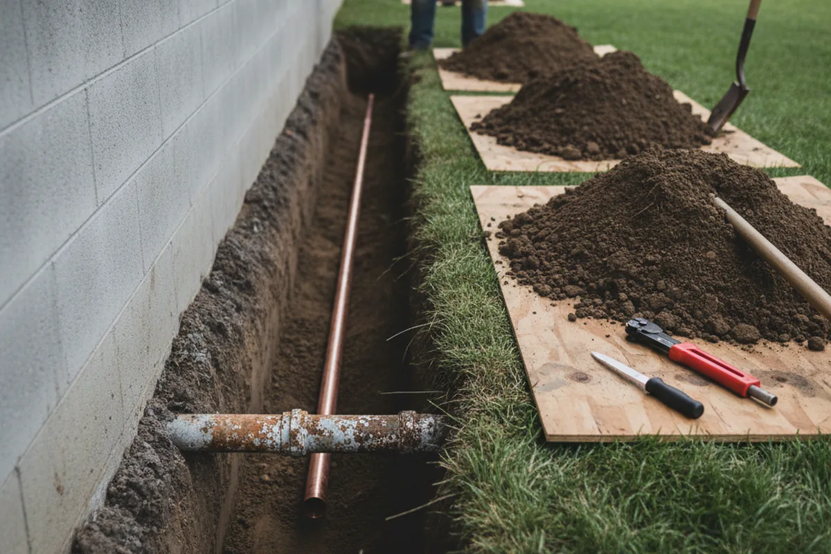 Excavated water line trench during Water Softener Installation in Westlake